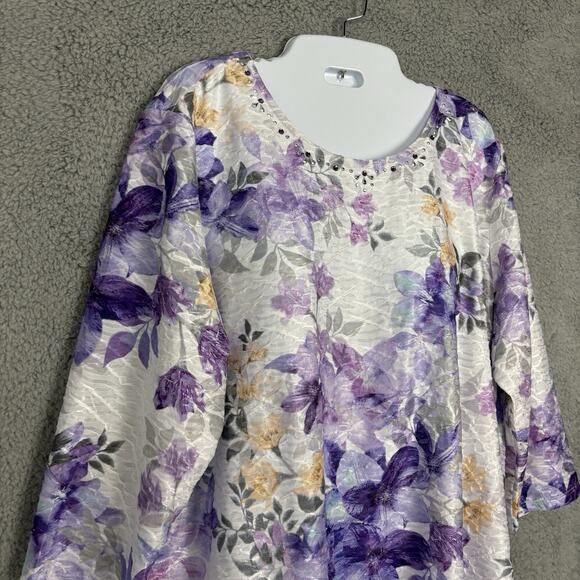 Alfred Dunner Top Womens Size P XL Floral Soft Texture 3/4 Sleeve Round Neck - Picture 2 of 12